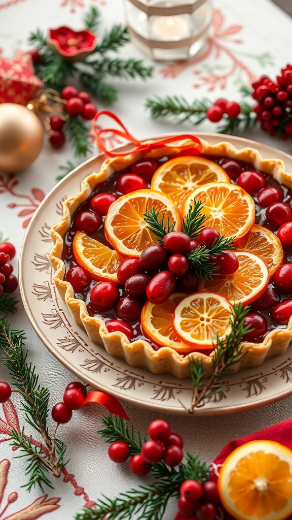A festive orange cranberry tart with a golden crust and red cranberry filling, garnished with orange slices on a holiday table.